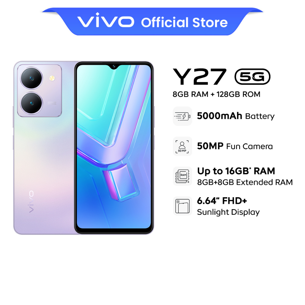 vivo Y27 5G Smartphone 8+8GB EXTENDED RAM+128GB ROM, 5000mAh, 50MP Fun Camera, 6.64"FHD+ Sunlight Display