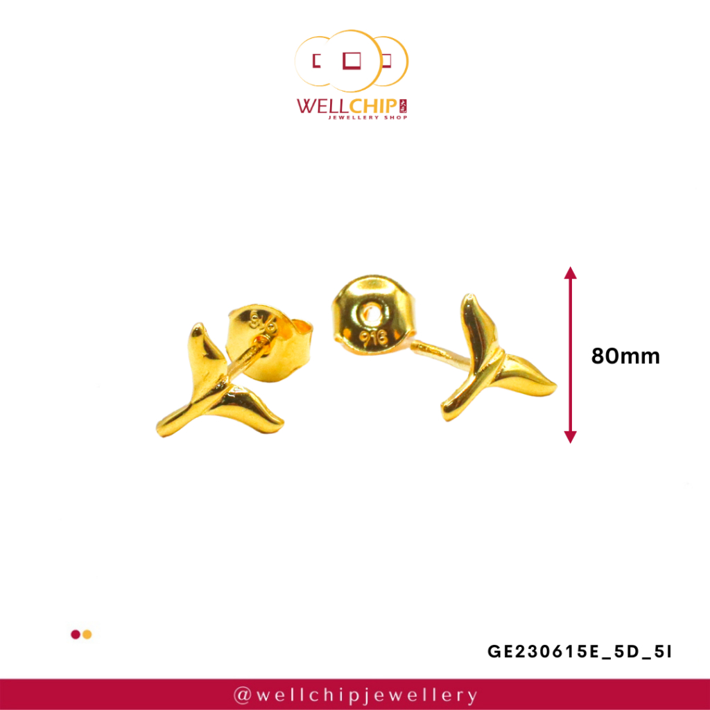 Subang Emas 916 OriginaI | Anting Kancing Daun Emas 916 | Leaf 916 Gold Stud Earrings | Emas 916 | Kedai Emas WELL CHIP