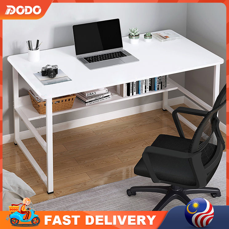 🔥Double Layer Study Table With Bookshelf Meja belajar White Office Computer Table Writing Desk Simple Furniture  学习桌 桌子