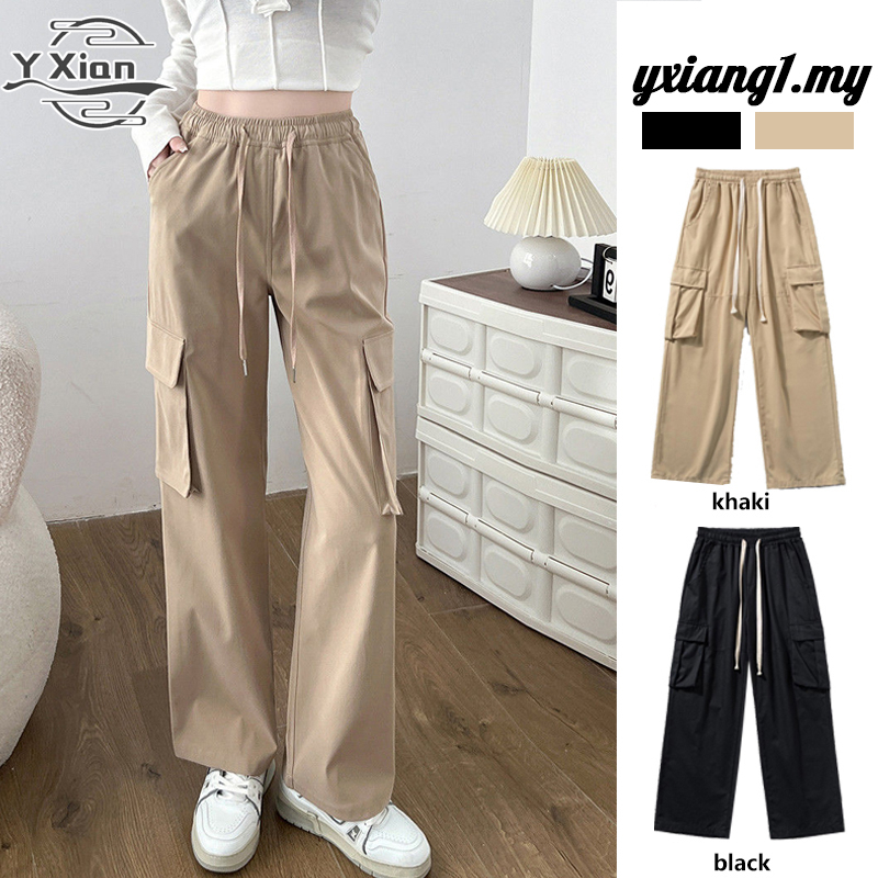 Ready Stock Seluar Cargo Perempuan Khaki Seluar Kargo Perempuan Causal Cargo Pants Women Straight Cut Cargo Pants Women Plus Size Baggy Long Pants Women M-5xl