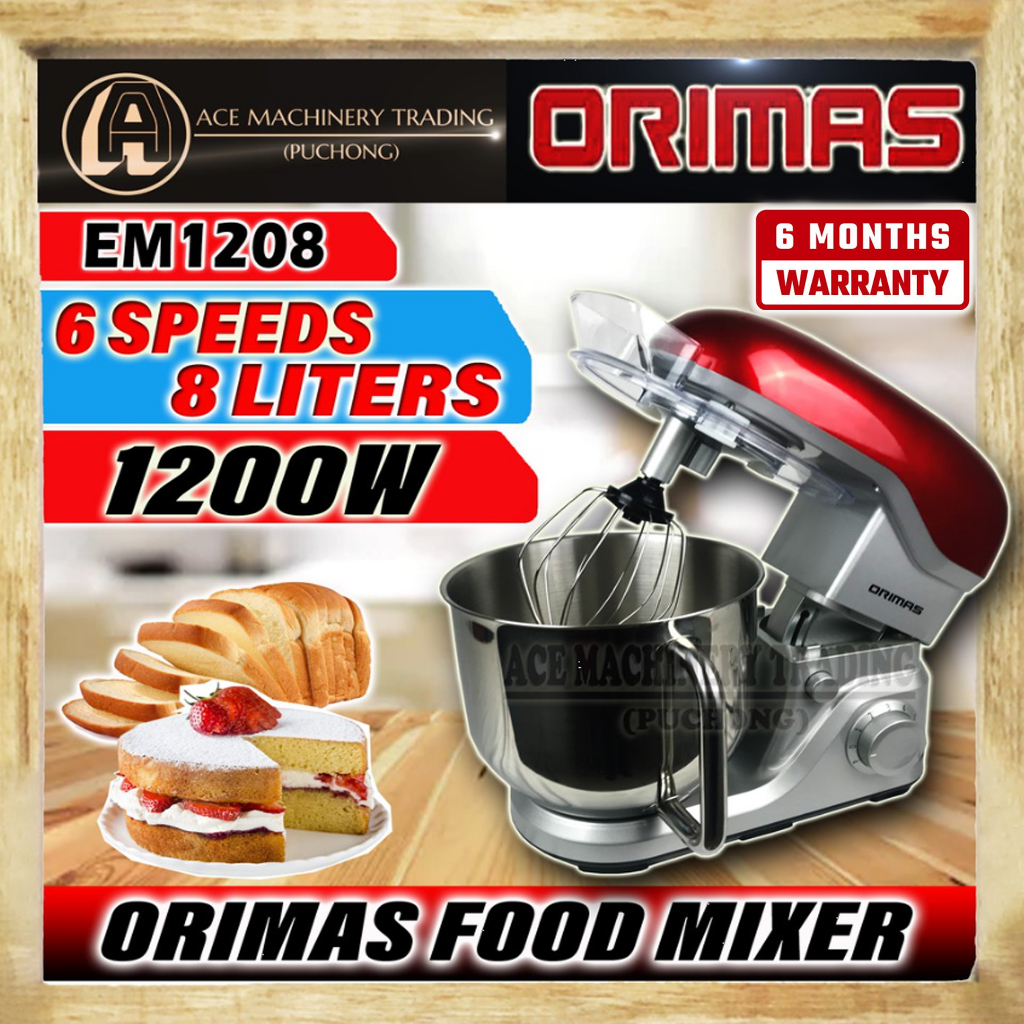 ORIMAS EM1208 Food Mixer Stand Mixer 8L 6 Speed 1200W 8 Liter Stainless Steel Bowl Mixer EM1208