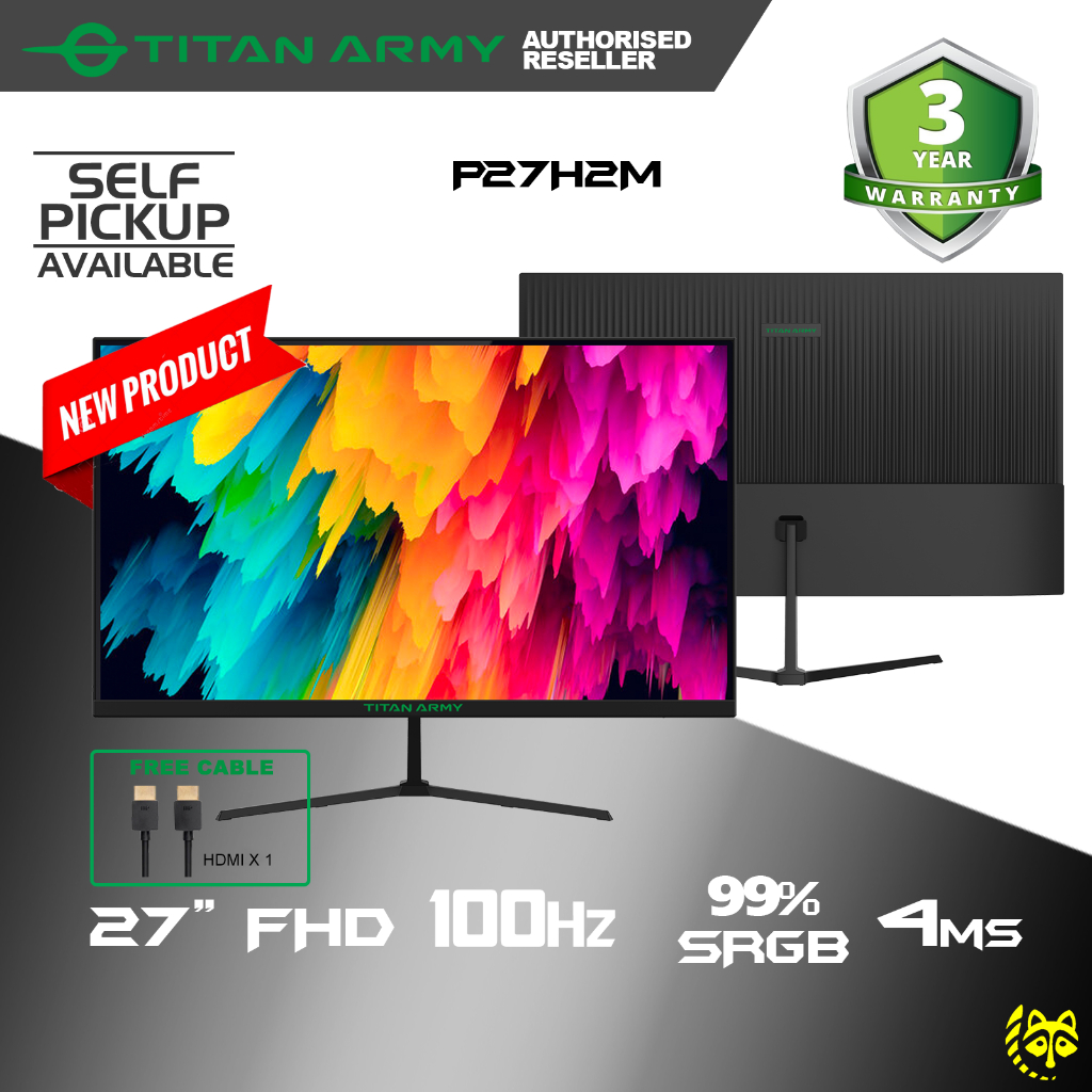 TITAN ARMY 27” 100Hz 4ms VA ELED Flat Slim 99%sRGB Gaming Monitor (P27H2M)- [1920x1080p] HDMI/VGA, Low Bluelight, DCR