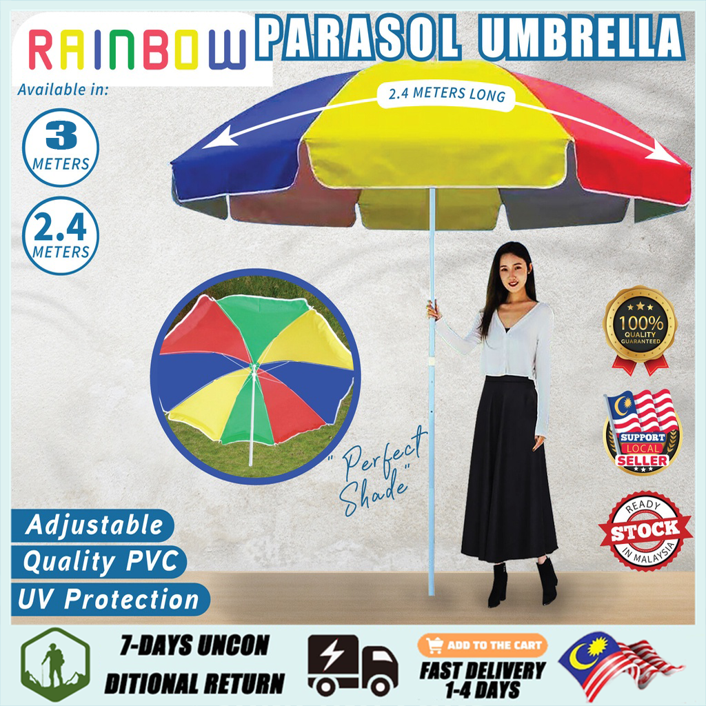 2.4m 3m Rainbow Parasol Umbrella Round Umbrella With Stand Beach Picnic Night Market Stall Uv Protection Adjustable Outdoor Payung Niaga 彩虹雨伞