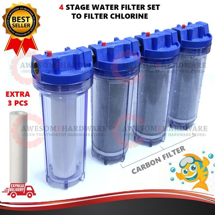 (REDUCE CHLORINE) 4 STAGE WATER FILTER SYSTEM WITH PREMIUM ACTIVATED CARBON FOUR STAGE BETA FISH IKAN LAGA