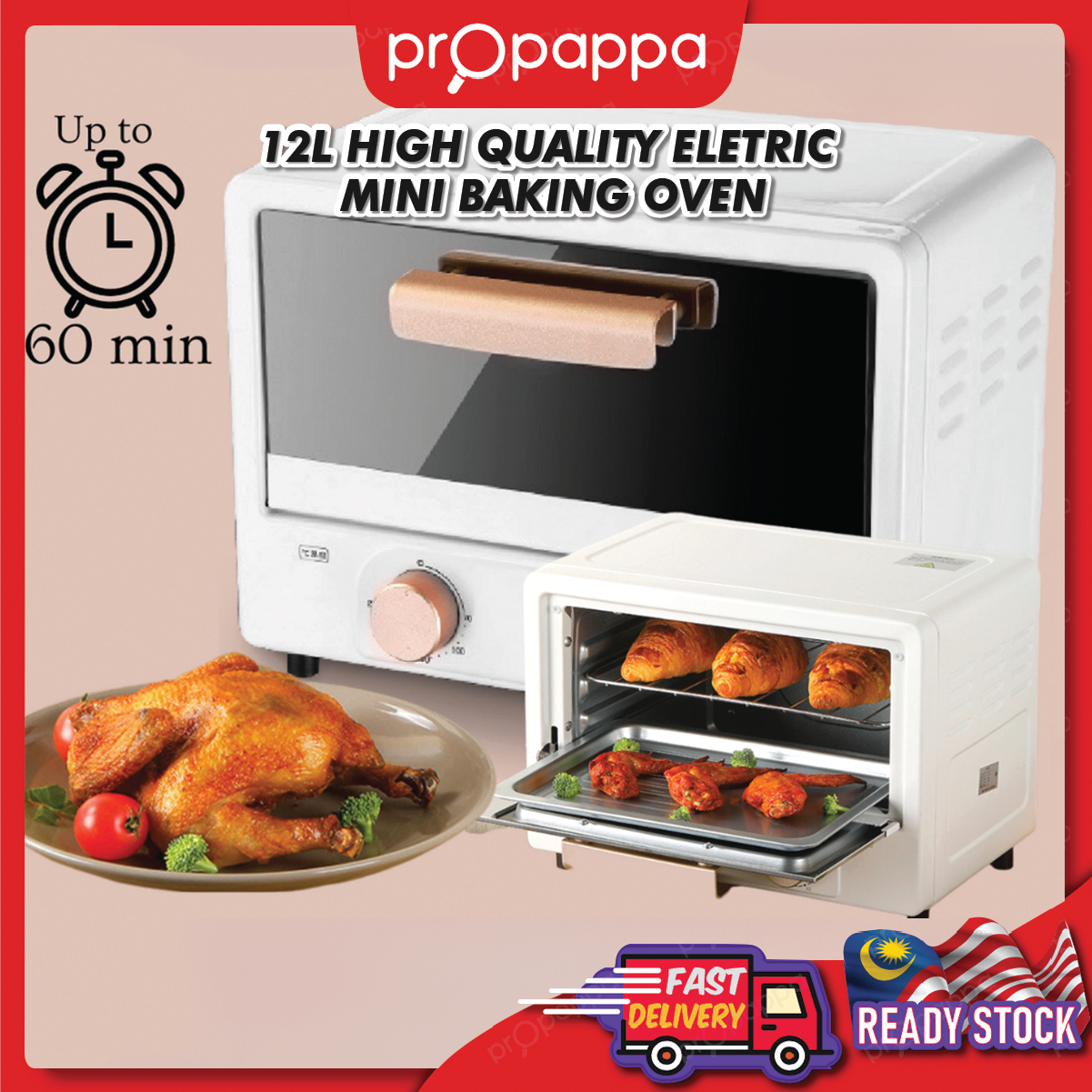 Propappa - 12L Electric Oven Mini Baking Oven, Air Fryer Toaster Timer Multifunction Oven ,Mini Elektrik