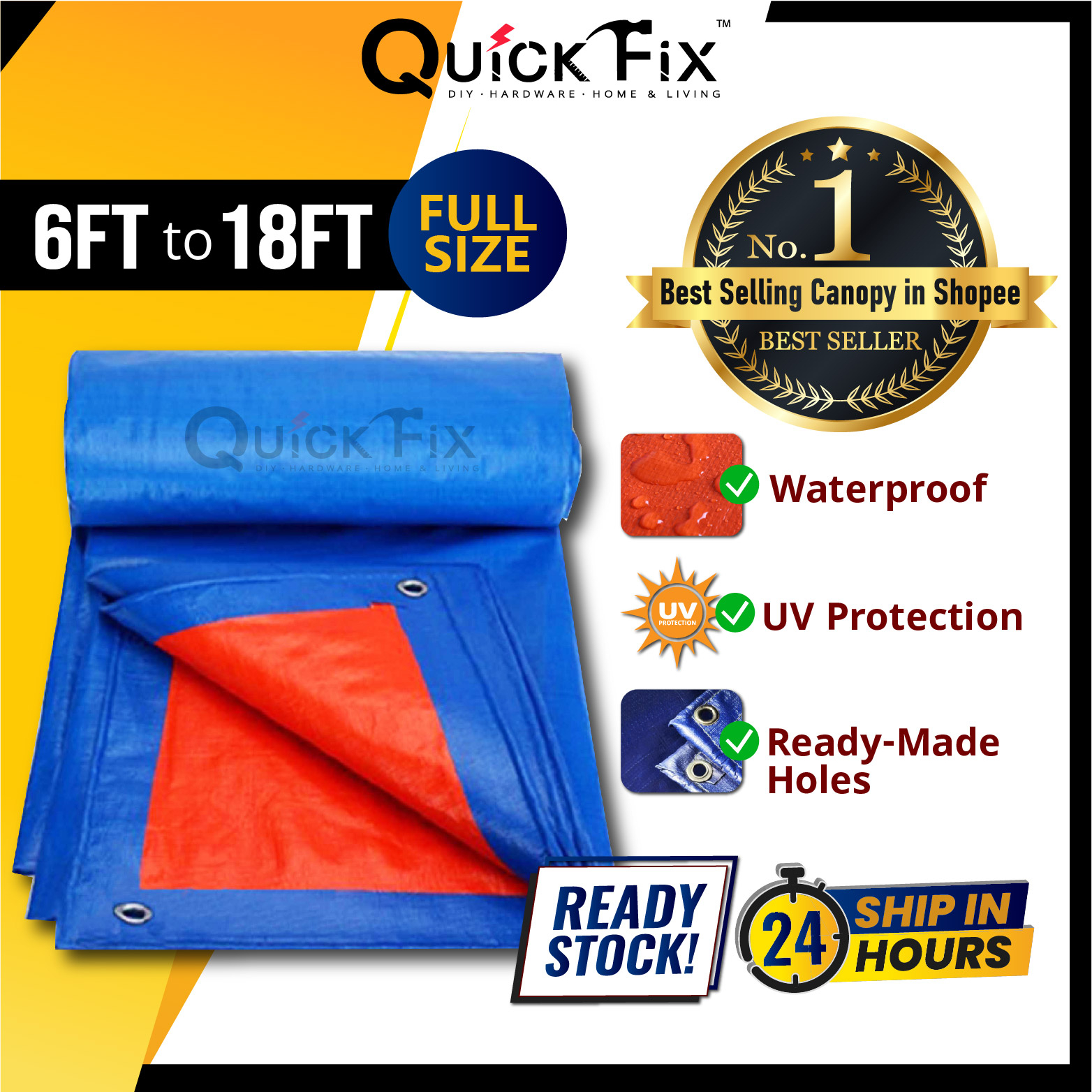 QuickFix Canvas Canopy 6ft 8ft 9ft 10ft 12ft Kaki Blue Orange Kanvas Khemah Kolam Tutup Kereta Lori