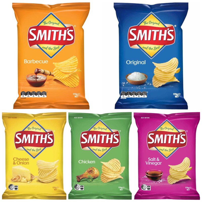 SMITHS CRINKLE CHIPS ORIGINAL • SALT & VINEGAR • CHICKEN • BARBEQUE • CHEESE & ONION 90G