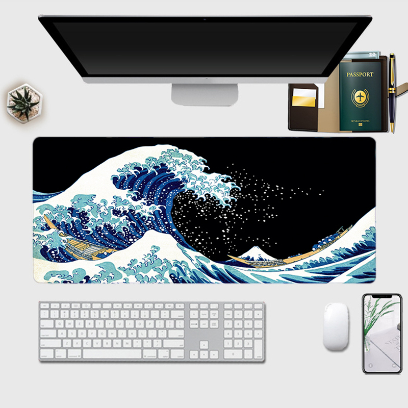 Japanese Sea Wave Large Mouse Pad, Extended Gaming Mouse Pad, Non-Slip Water-Resistant Rubber Base Desk Mat 100cm/90cm/80cm