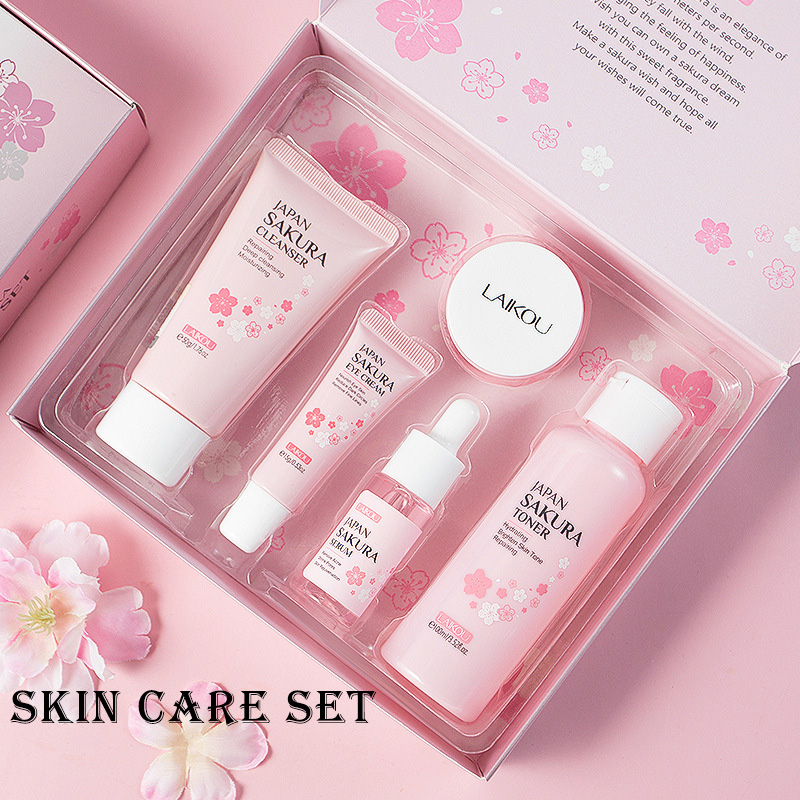 Gift Box Cherry Blossom Sakura Skin Care Set Eye Cream Serum Facial Cleanser Toner Lotion Facial Cream Beauty Makeup 5pc