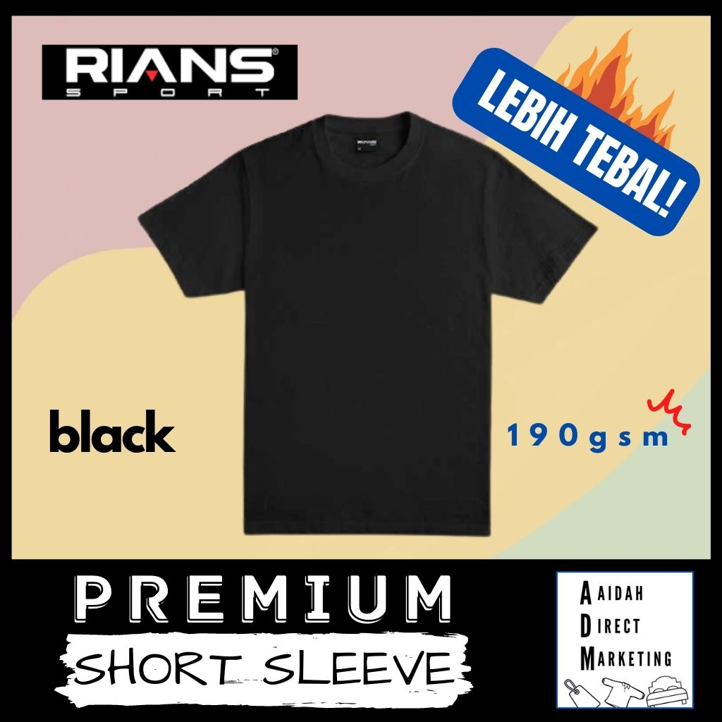 BLACK - RIANS (PREMIUM) Plain Cotton Round Neck T-Shirt (Short Sleeve) 190gsm (Men / Woman) -  [READY STOCK]