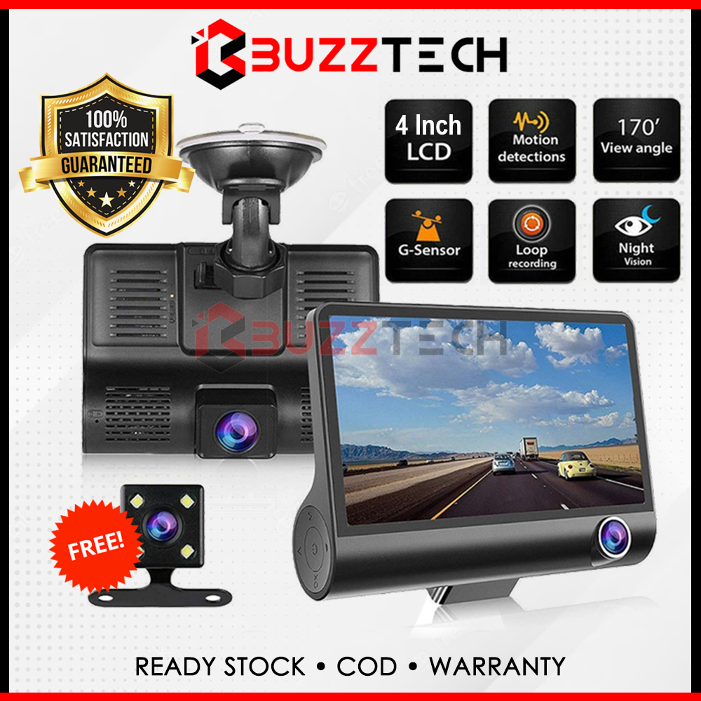 BuzzTech 4 Inch 3 Lens Dash Cam 1080P Full HD DVR Dash Cam 170 Wide Angle G-Sensor Recorder Rear View Car Camera 行车记录仪