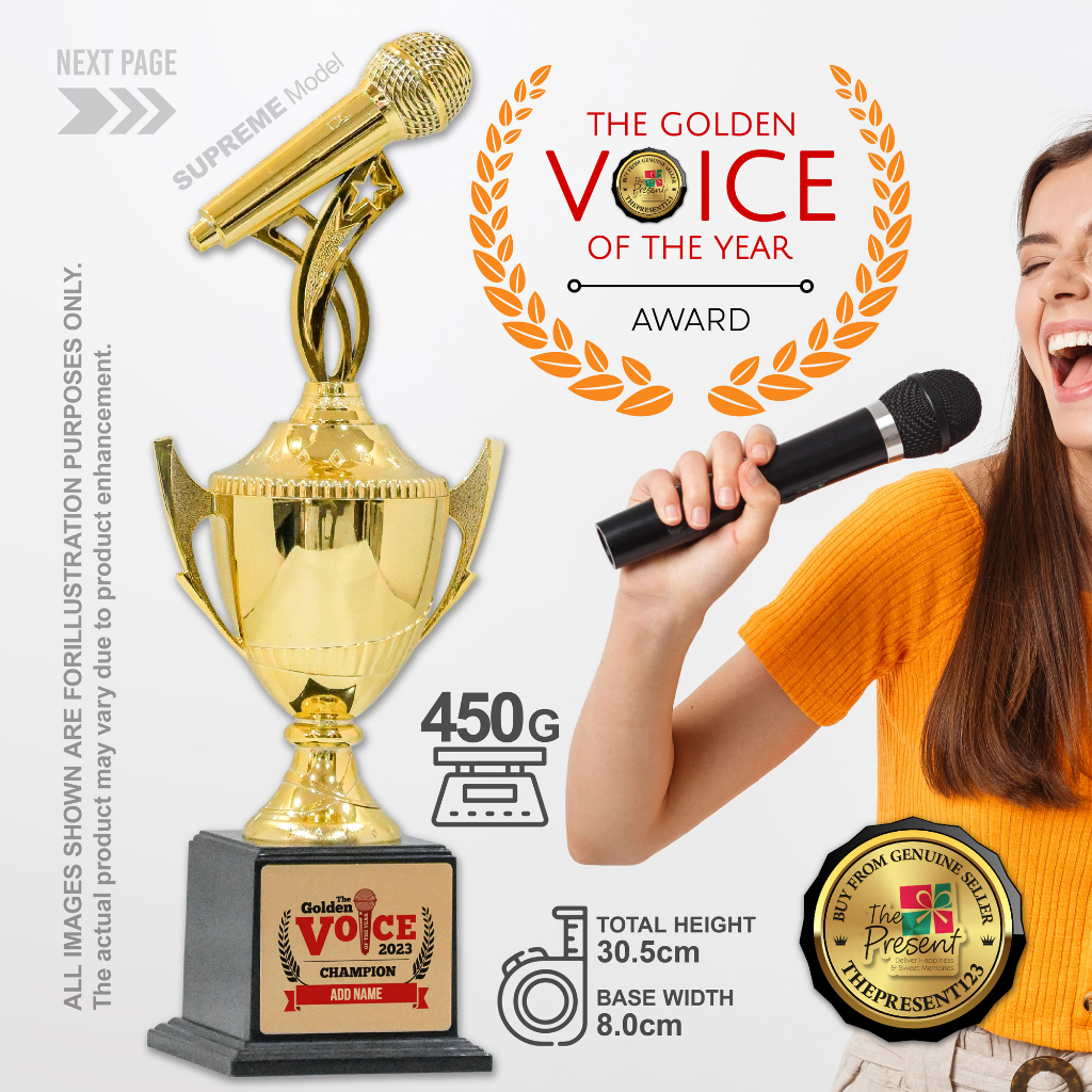 Golden Microphone Trophy Award for Singing, Karaoke, and Music Competitions with Name on Gold Aluminum Event Plat