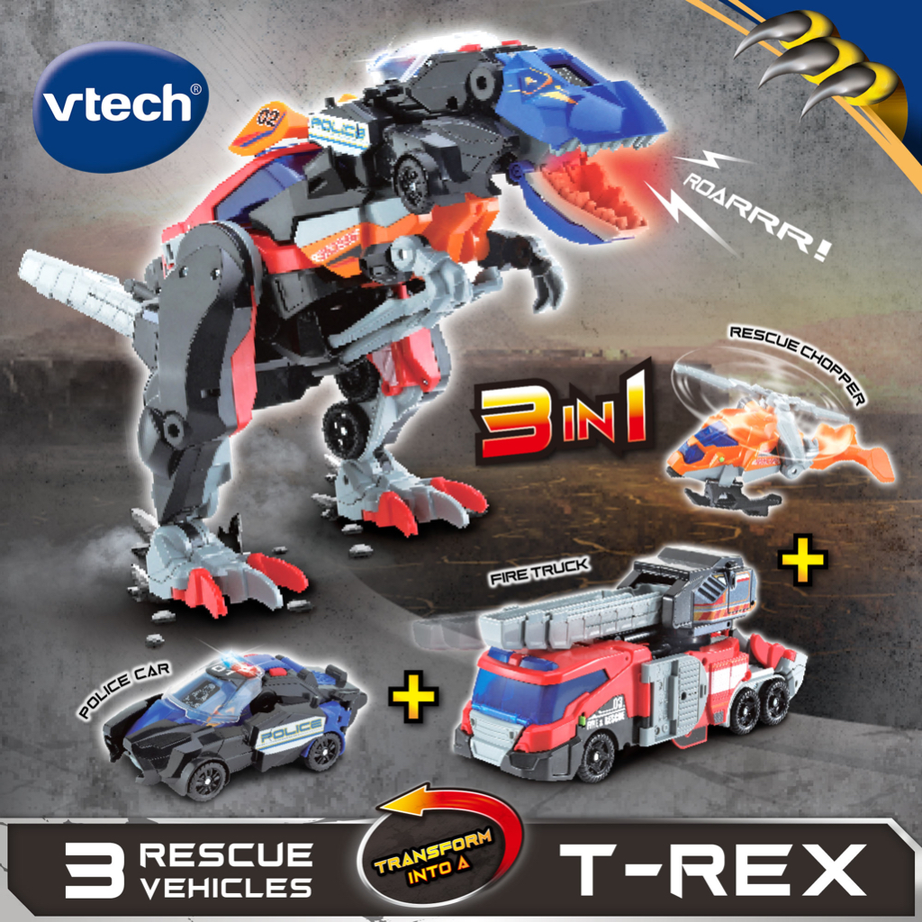 VTech 3 In 1 Rescue T-Rex Combine Transformation Dinosaur Dino Toys Fire truck police car helicopter t-rex toys kids boy