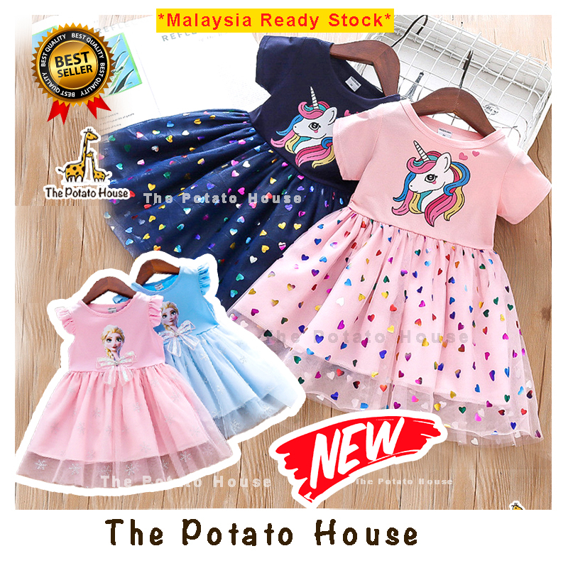 Unicorn Dress Kids Girl Princess Gaun Budak Perempuan Baby Baju Budak Perempuan Clothing Frozen Elsa Pony Kanak Murah