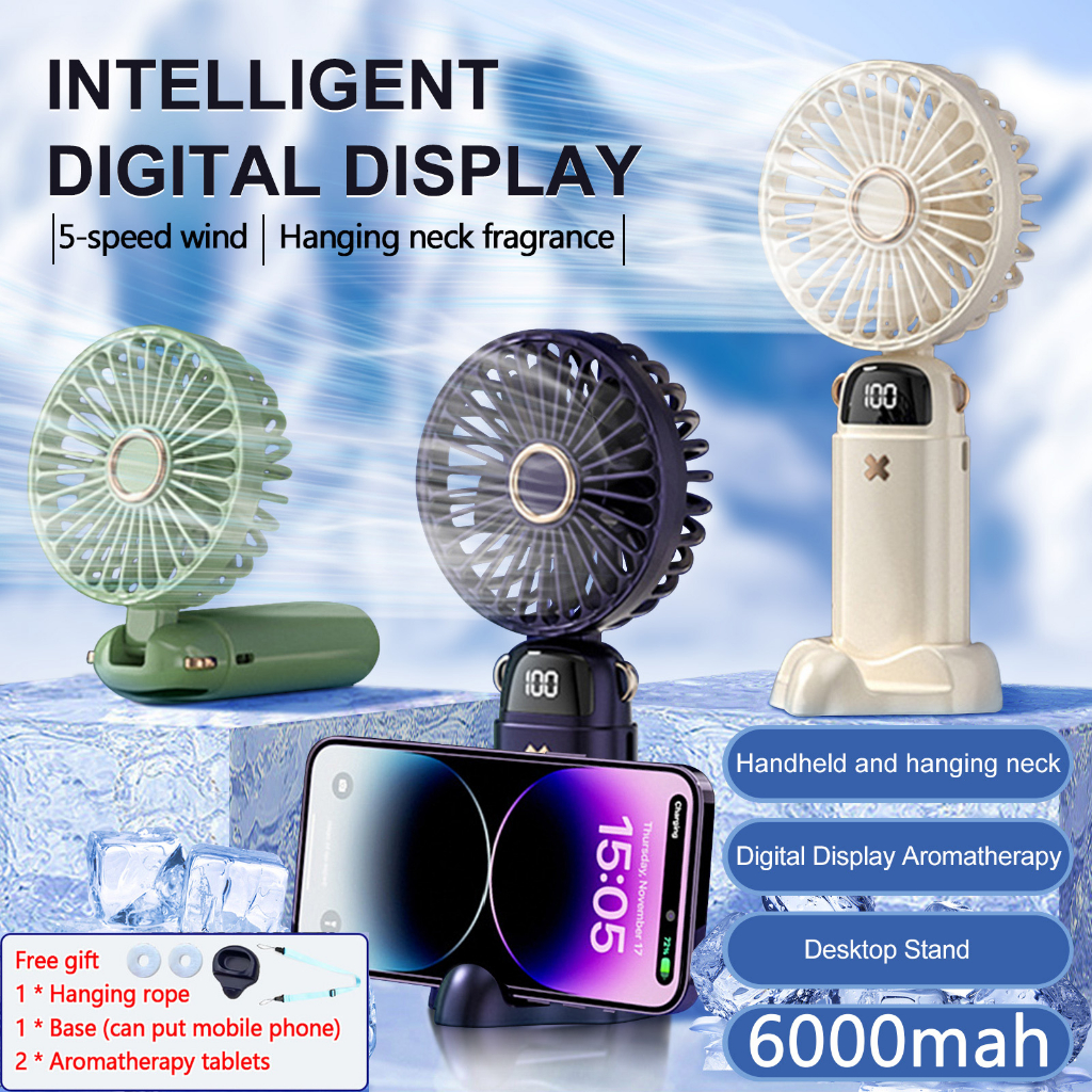 NEW Portable Rechargeable Fan 6000mAh Mini Neck Fan LED Display Foldable 5speed Adjust Fan USB Handheld Electric Fan 小风扇