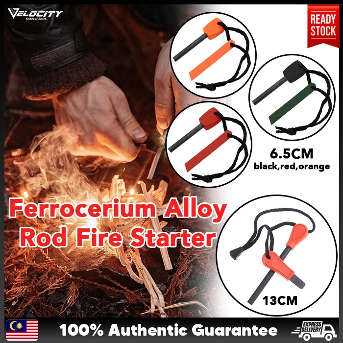 VELOCITY Outdoor Survival Fire Starter Ferro Rod Magnesium Flint Stone Camp Hiking Picnic Activity