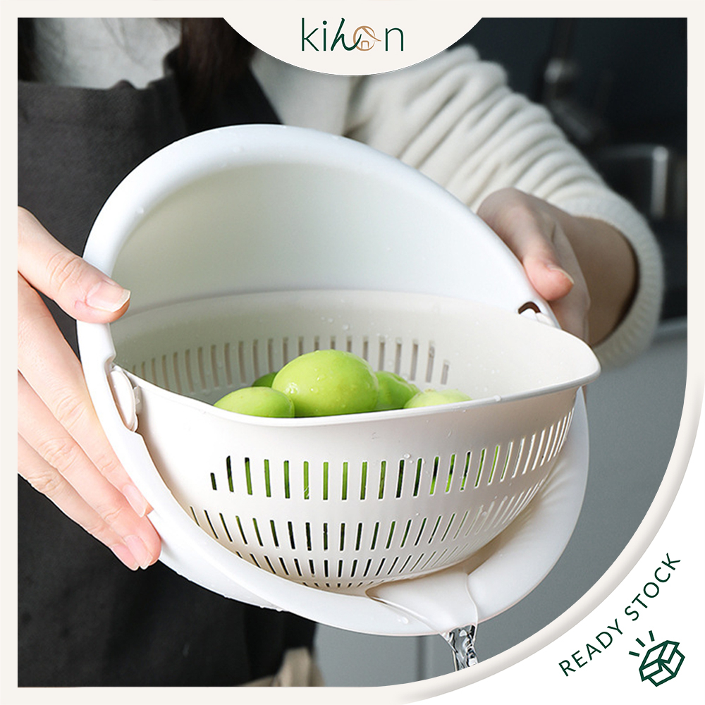 Double-Layer Drain Basket Kitchen Basket Vegetable Colander Fruit Basket Rice Washing Bowl Bakul Dapur