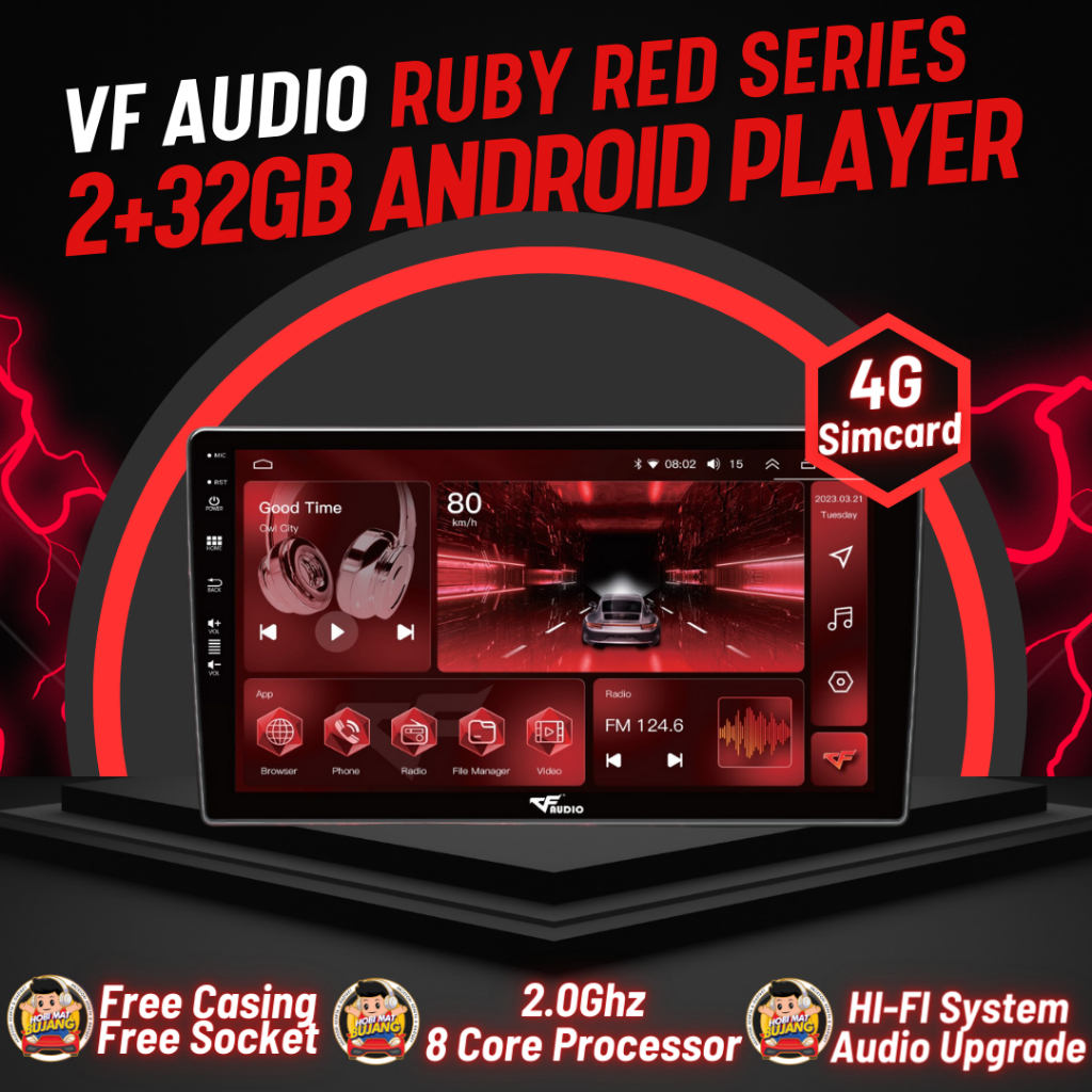 VF Audio Ruby Red Series Android Player QLED 2+32GB Android 11 Octa Core DSP 4G GPS Universal Car Android Player