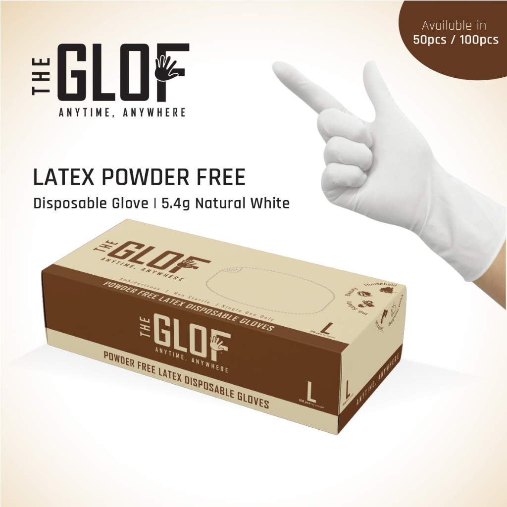 [50pcs or 100pcs/box] THE GLOF Latex Disposable Glove, Powder Free, 5.4g
