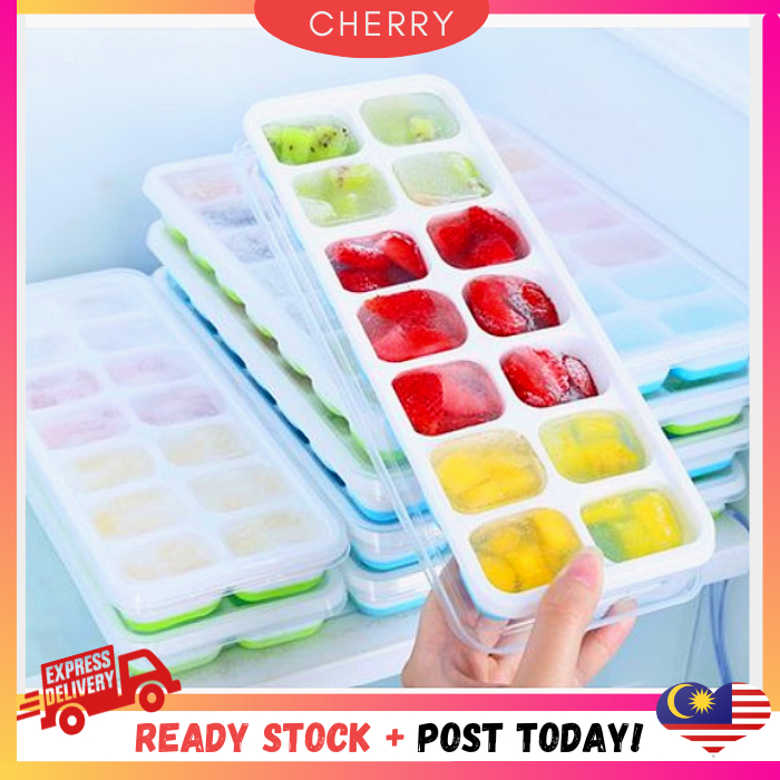 🍒CHERRY🍒14 Holes Silicone Ice Tray Ice Cube Maker Baby Food Puree Mold Container Lid Bekas Pembuat Ais Batu 硅胶冰格辅食盒