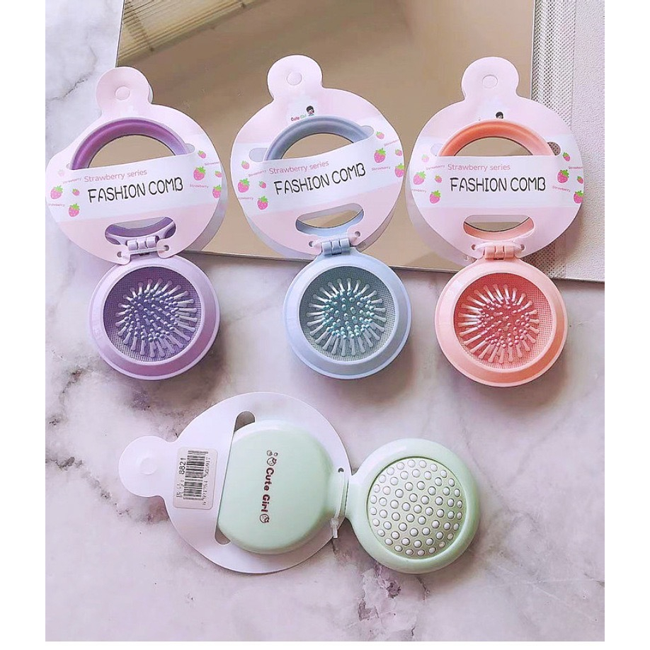 2 in 1 Candy Compact Air Cushion Comb Brush Portable Folding Round Mirror Travel Cermin Sikat Murah 糖果色迷你气垫梳