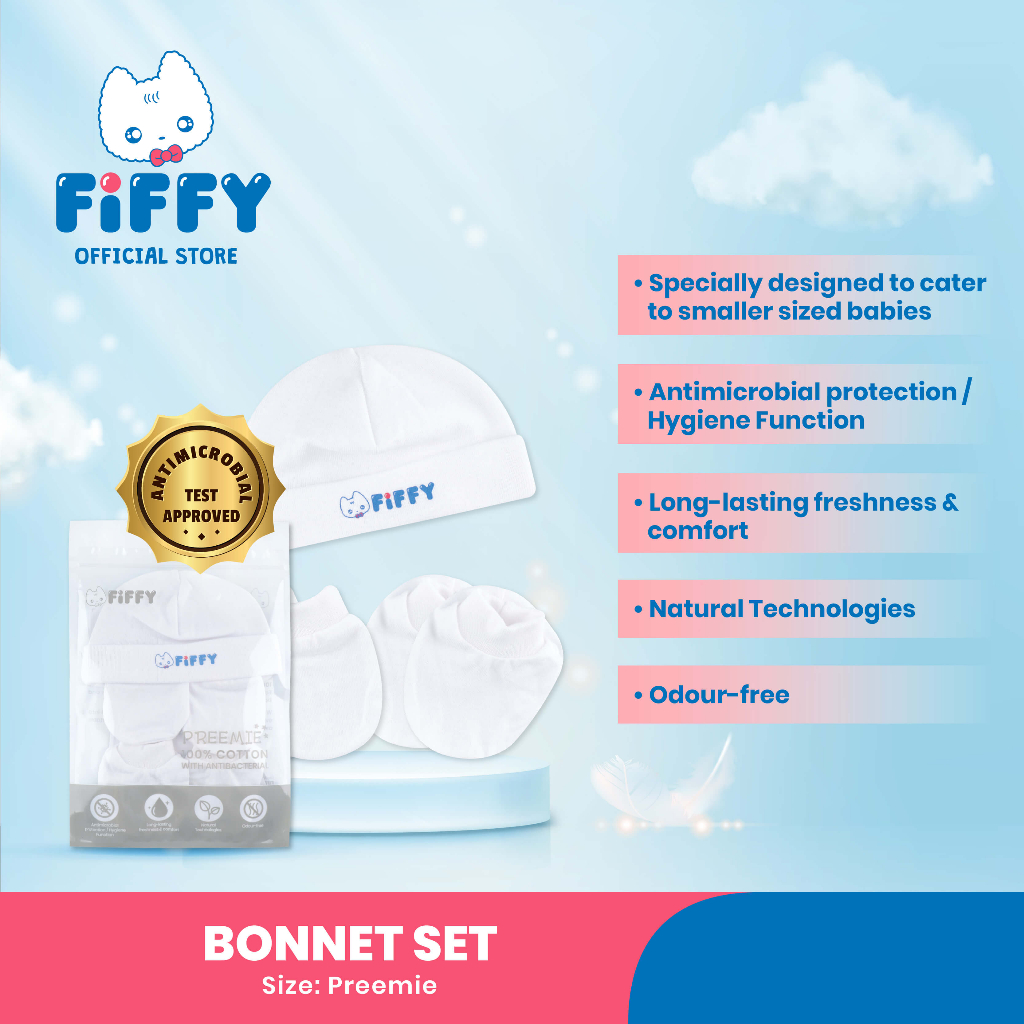 Fiffy Preemie 100% Cotton with Antibacterial Bonnet Set (2097)