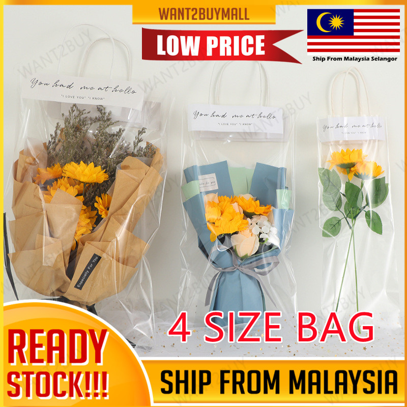 [1pcs] Transparent Flower Holiday Gift Opp Tote Plastic Bag Bouquet Packing Shopping Handbag Bunga Plastik Beg 花束手提透明袋
