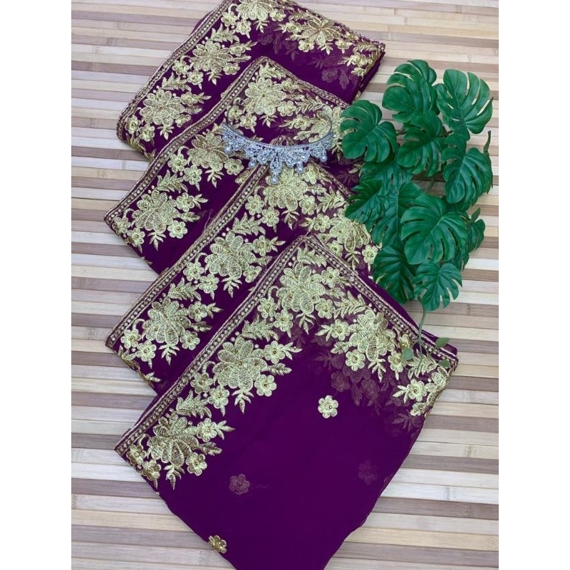 kain sari berkualiti tinggi meterial jenis chiffon silk dan manik tabur sekeliling kain