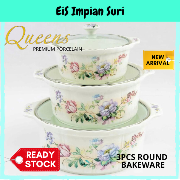 (Ready Stock!!) Queens Premium Porcelain Round Bakeware with Glass Lid/Food Storage/Bekas Lauk / Bekas Makanan