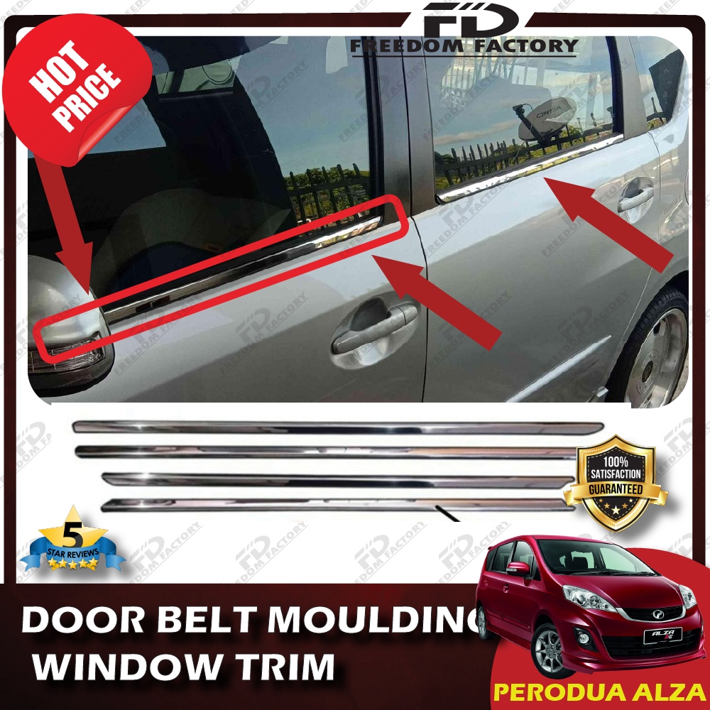 (4 Pieces/Set)PERODUA ALZA CHROME Door Belt Moulding / Window Trim Lining / Chrome Tepi Cermin Pintu