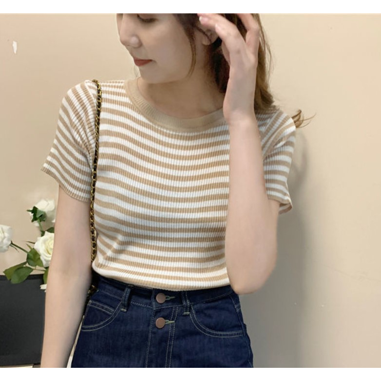 SA3488 -Fesyen Baju Siap Stok Malaysia. Ready Stock Knitted Material Women Top Knitwear彩色条纹冰丝针织衫短袖上衣