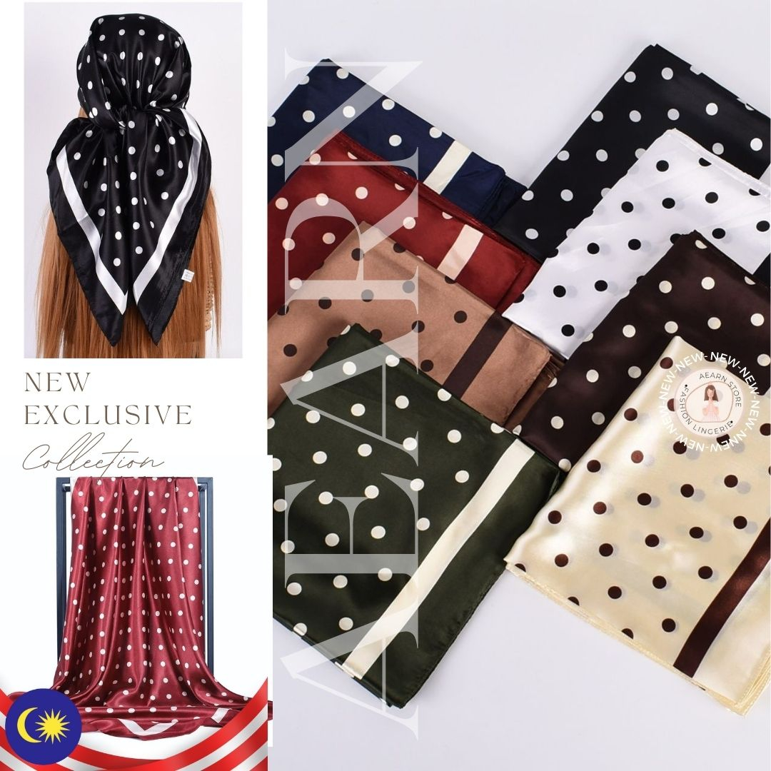 MY Ready stock Fashion Tudung Satin Bawal dot Design Wave Pointed Large Square Scarf 90x90cm