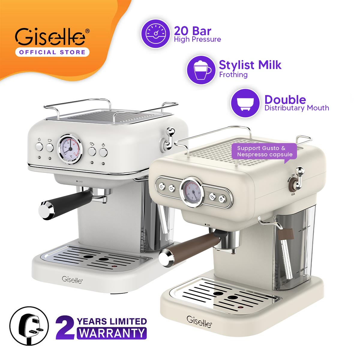 20 Bar Giselle 1.0L Espresso Automatic Retro Series Coffee Machine, Coffee Maker with Milk Frothing (950W)