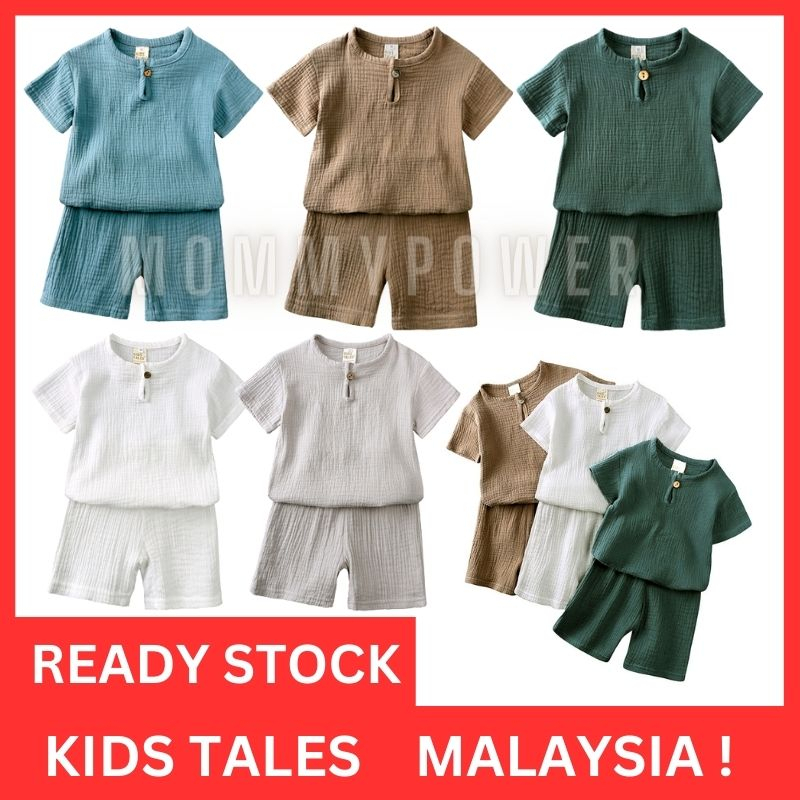 1-8Y ⭐Korean Style Kids Outfits 2 Pcs Linen Cotton Baby Boys Clothing Sets Top T-Shirt Shorts Children