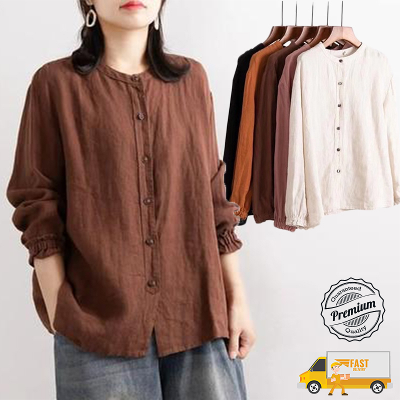 Ready StockS-5XL women blouse Cotton Linen Blouse Long Sleeves Vintage Art Loose Plus Size baju kemeja wanita