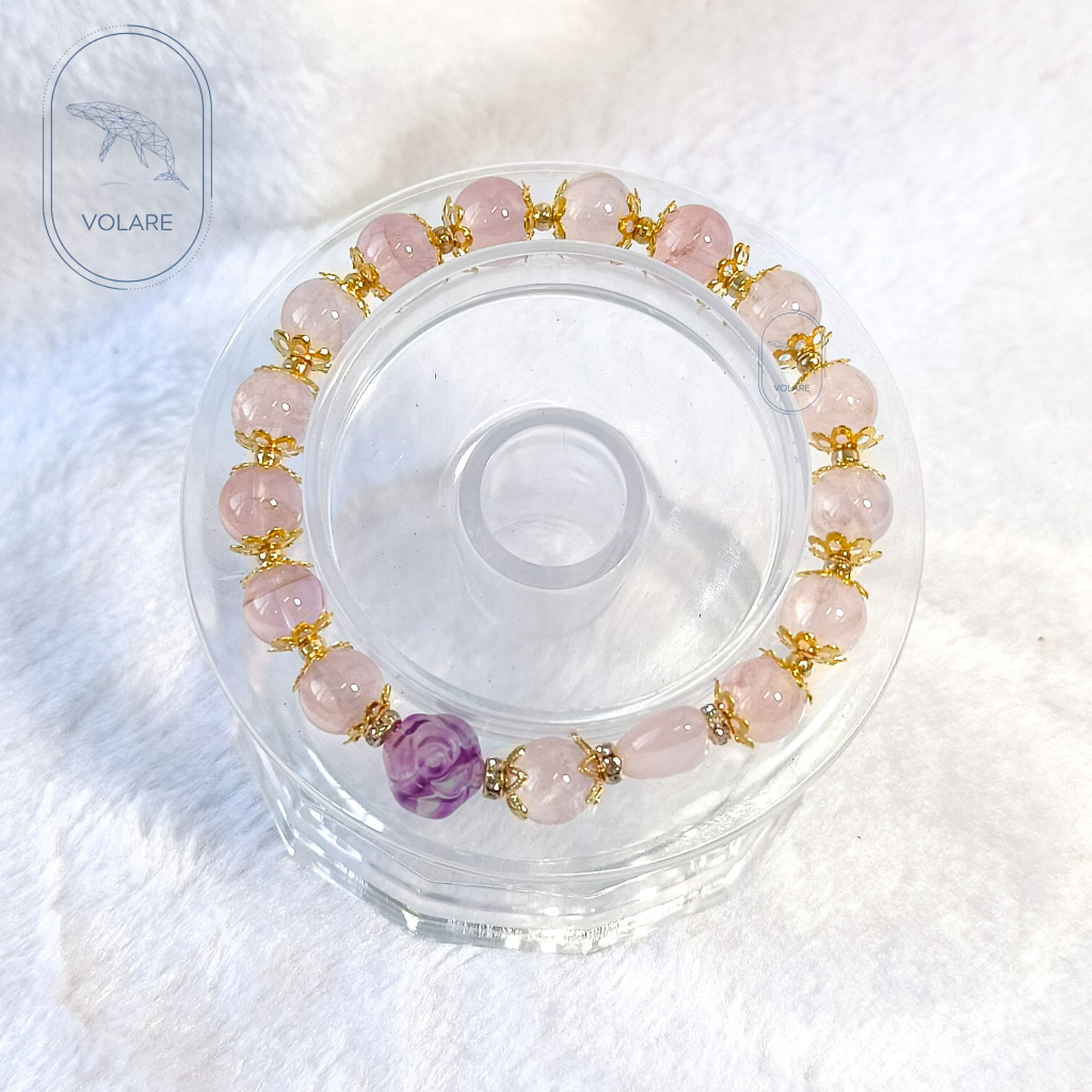 ✨VOLARE | Natural Crystal Rose Quartz Heart Shape Fluorite Rose Shape Design Bracelet 天然粉晶爱心萤石玫瑰设计款手链✨