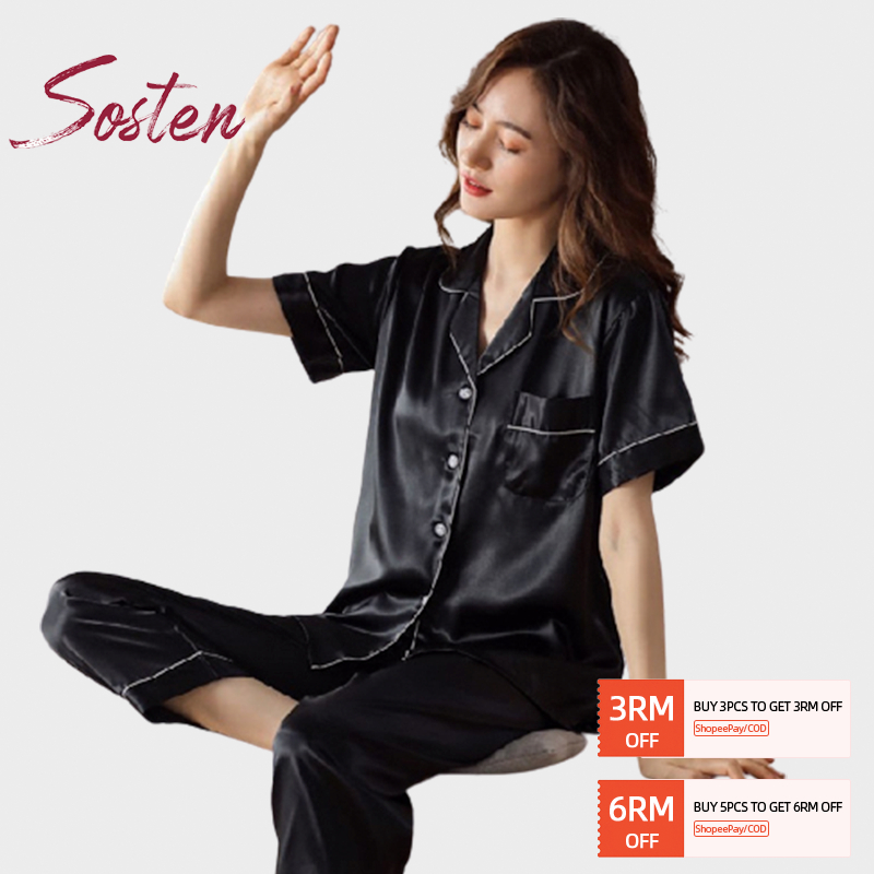 【READY STOCK】ST103 M-2XL Smooth Silk Satin Pajamas Set Unisex Short Sleeve Sleepwear Satin Nightwear Baju Tidur Licin