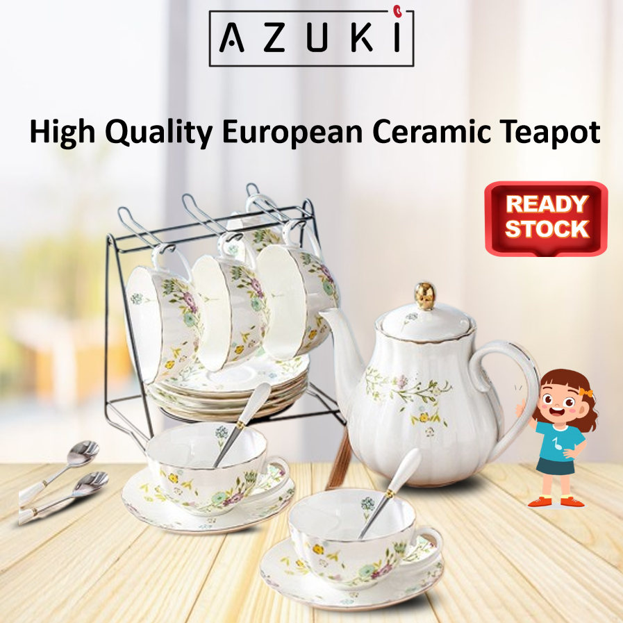 AZUKI French Classic Teapot English Afternoon Tea Cup Porcelain Teaset Vintage Ceramic Tea Pot Flower Pattern