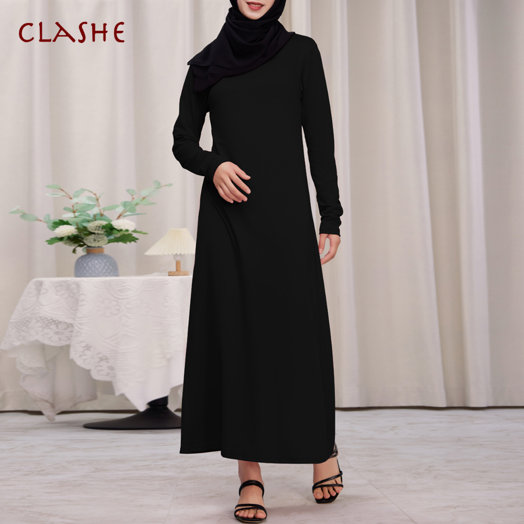 Women Fit Solid Color Long Sleeve Maxi Dress Casual Ladies Black Elegant Muslimah Dress