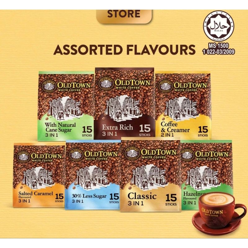 OLDTOWN White Coffee Assorted Flavoured Hazelnut Less Sugar Salted Caramel Classic Cane Sugar