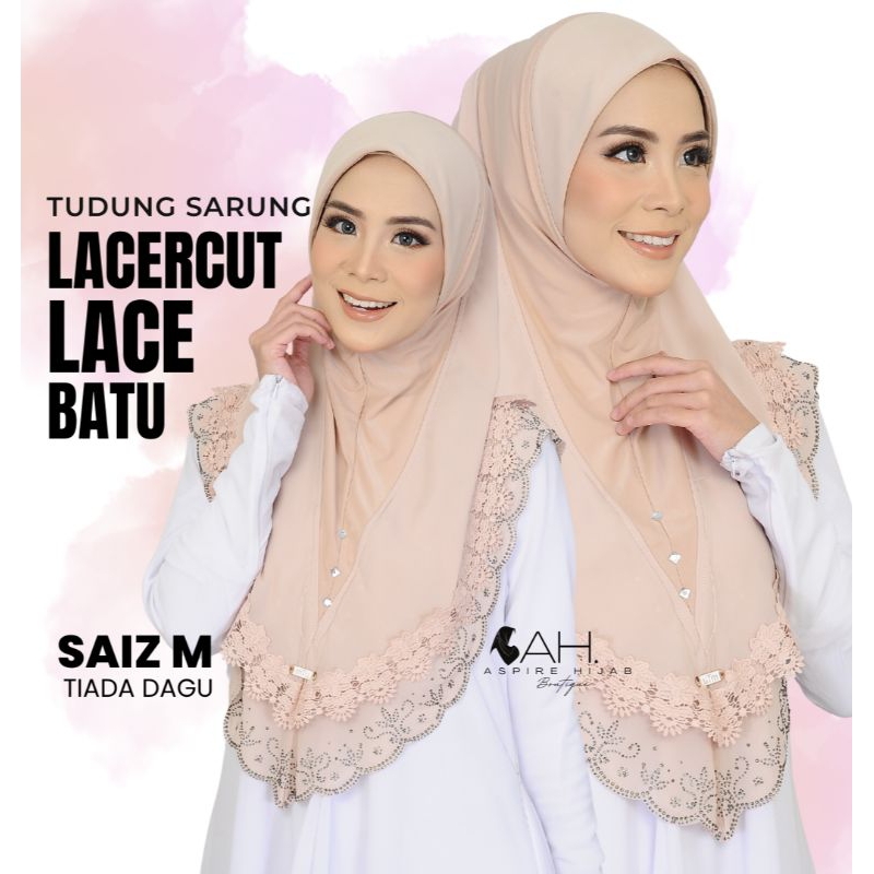 Tudung Sarung Lasercut + Lace + Batu | Size M | Tiada Dagu |