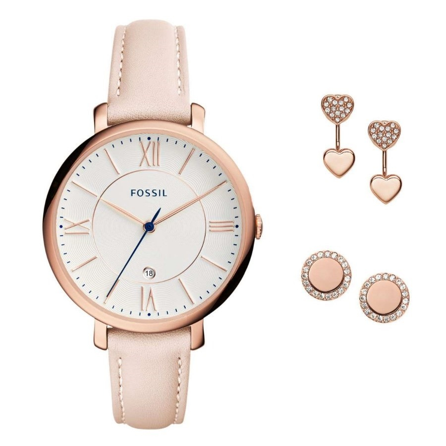 Fossil Women ES4202SET Jacqueline Three-Hand Date Blush Leather Watch & Jewelry Box Set (Blush / Pink)