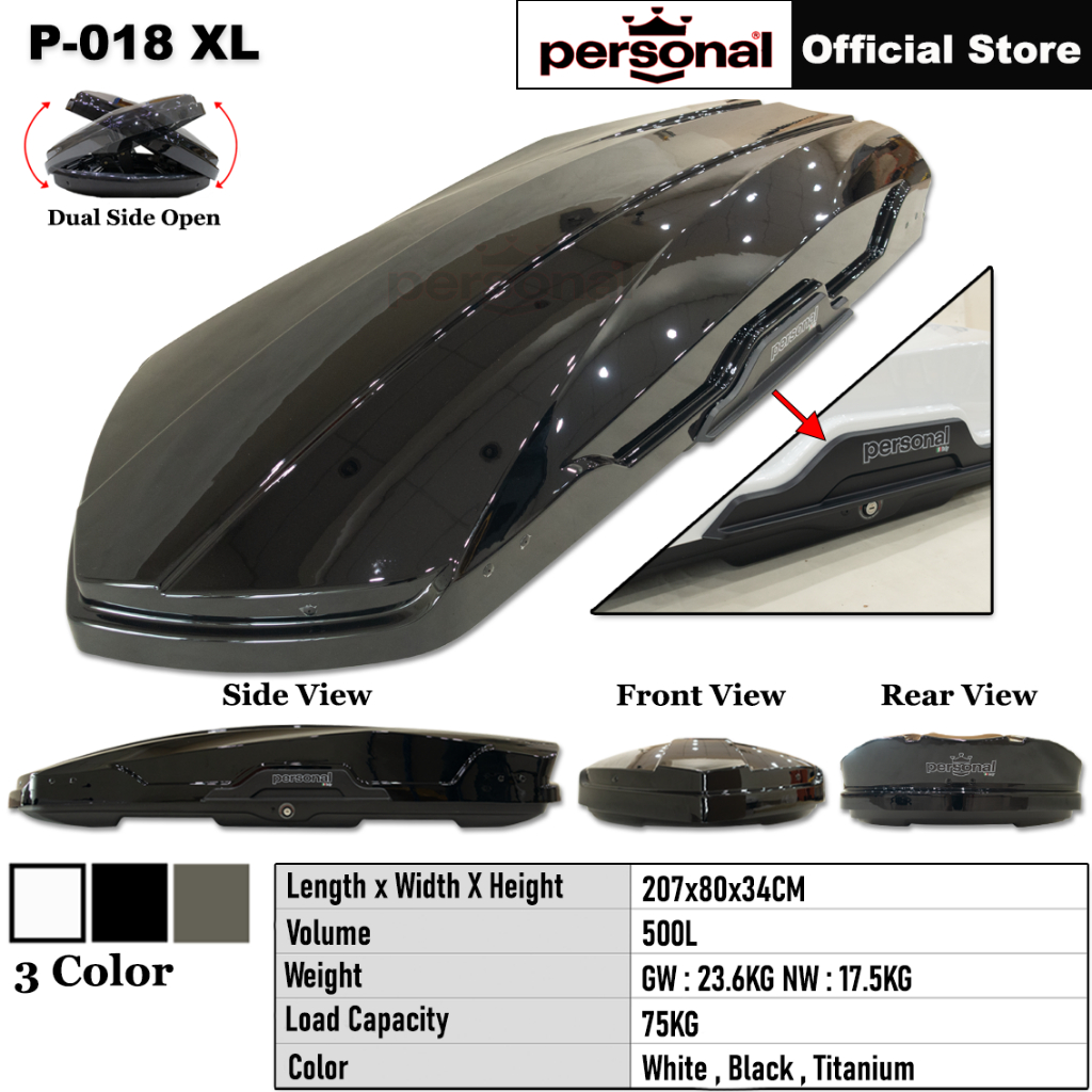 PERSONAL P-018 Car Roof Box PC Material (XL) Glossy Black Slim Cargo Roofbox Carrier.Kotak Bumbung