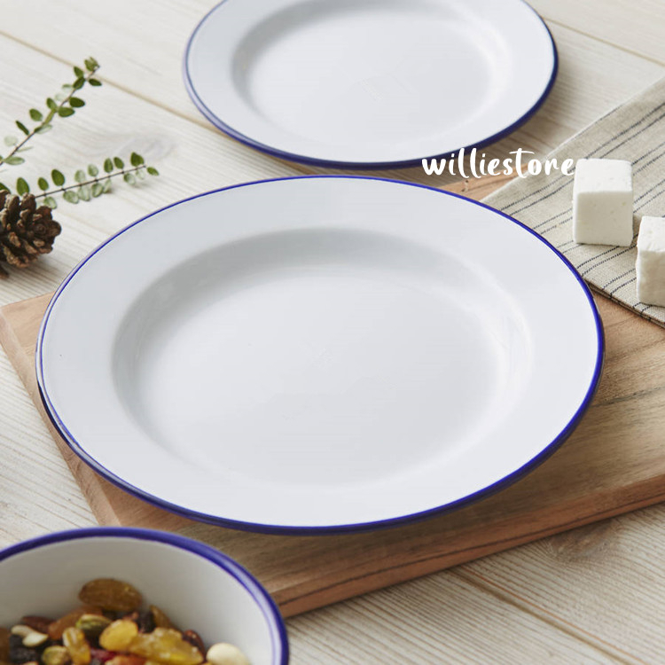 RABBIT BRAND Enamel Plate Nostalgic Vintage/Enamel Soup Plate/Pinggan Ayan White Base Blue Lining/Pinggan Sapan