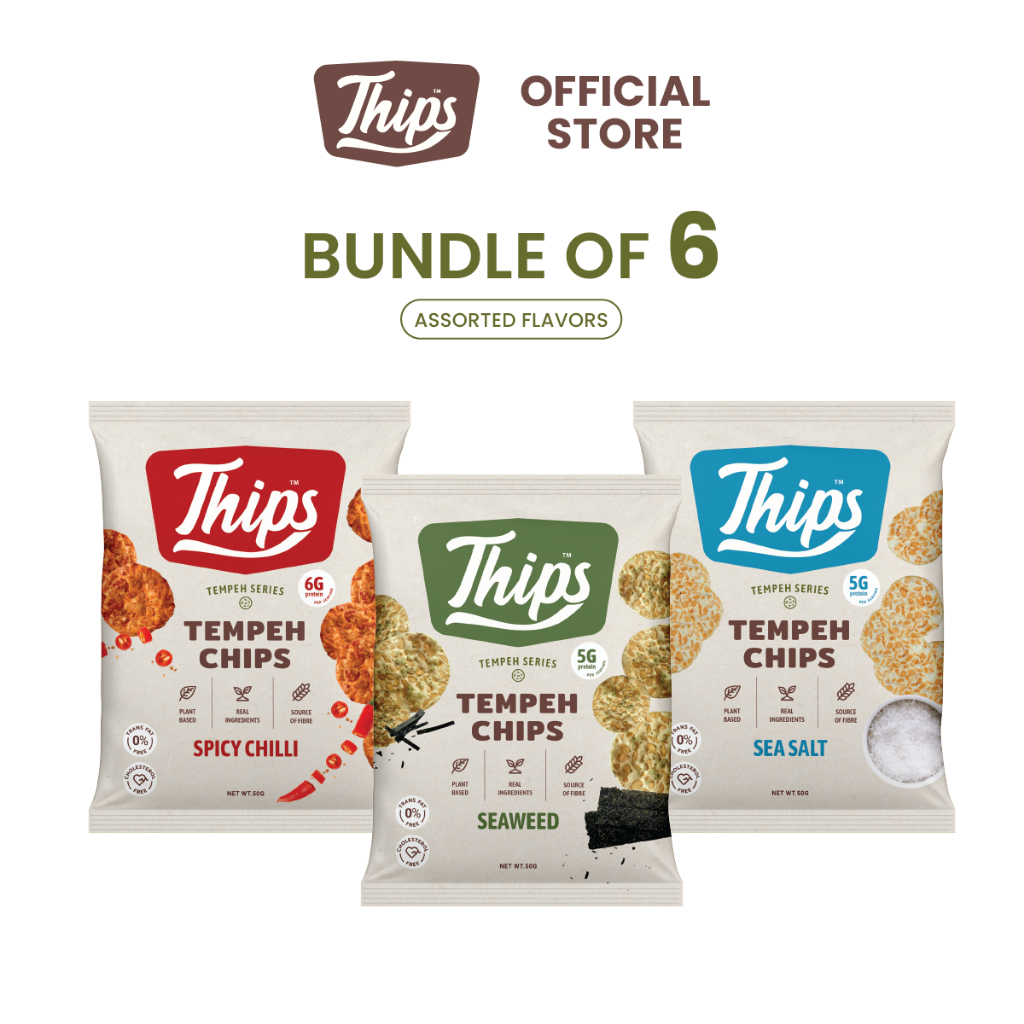 (Bundle of 6) Thips Variety Tempeh Chips (6 x 50g) Halal - 100% Tempe, Vegan, Soybean Chips, Plant-based, Protein Chips