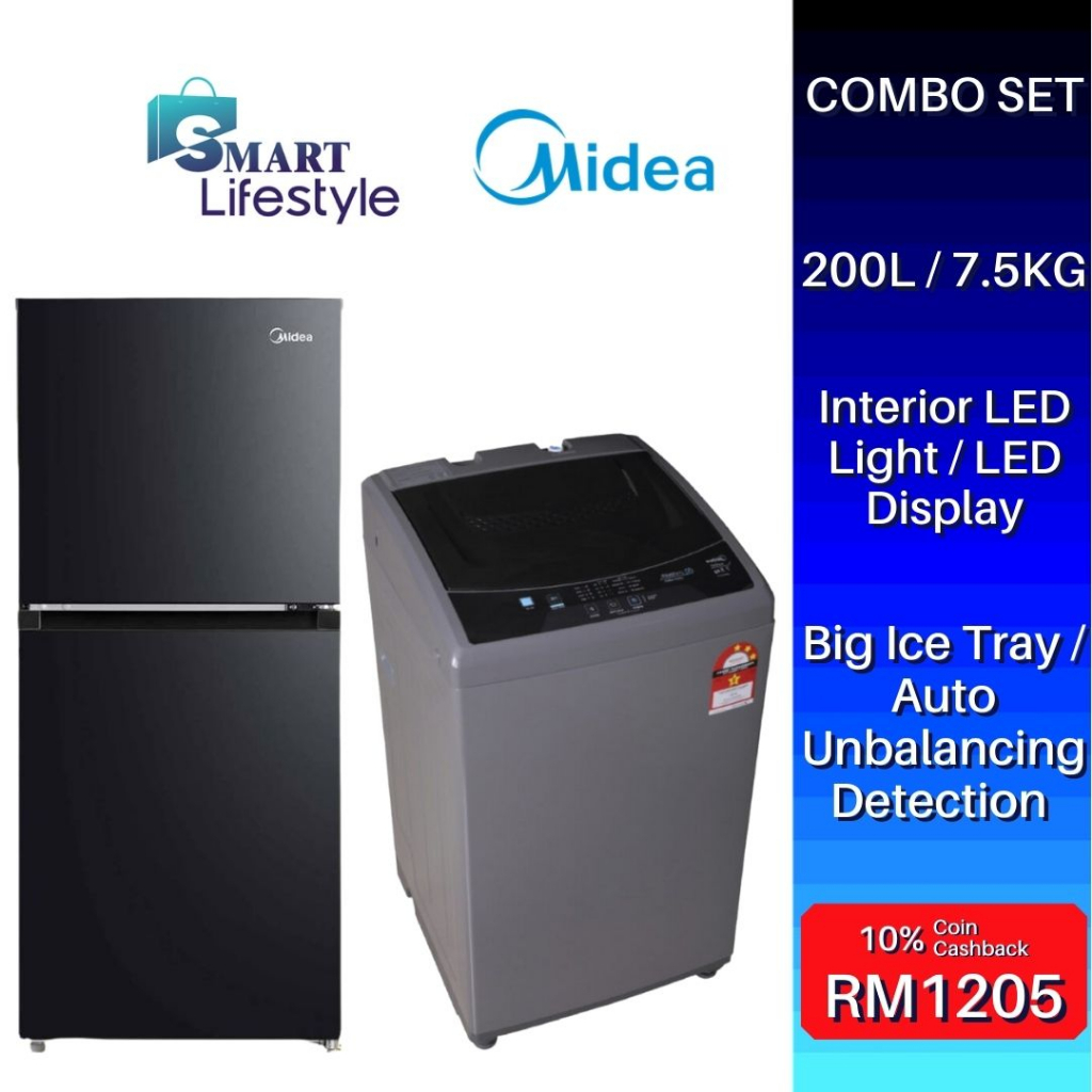 Midea Combo 2-Door Refrigerator (200L) MDRT267MTB30 + Fully Automatic Top Load Washing Machine (7.5kg) MFW-EC750