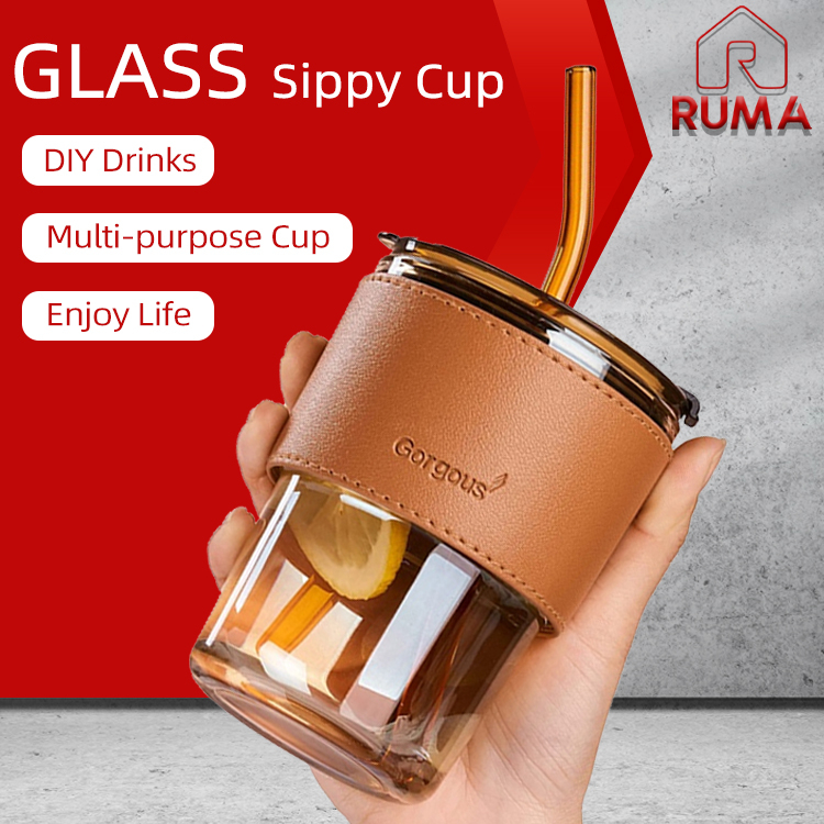 【High quality】Glass Straw Cup with Lid Heat Cold Resistant Iced Water Bottle Viral Coffee Glass Mug Transparent 58Pc/Box