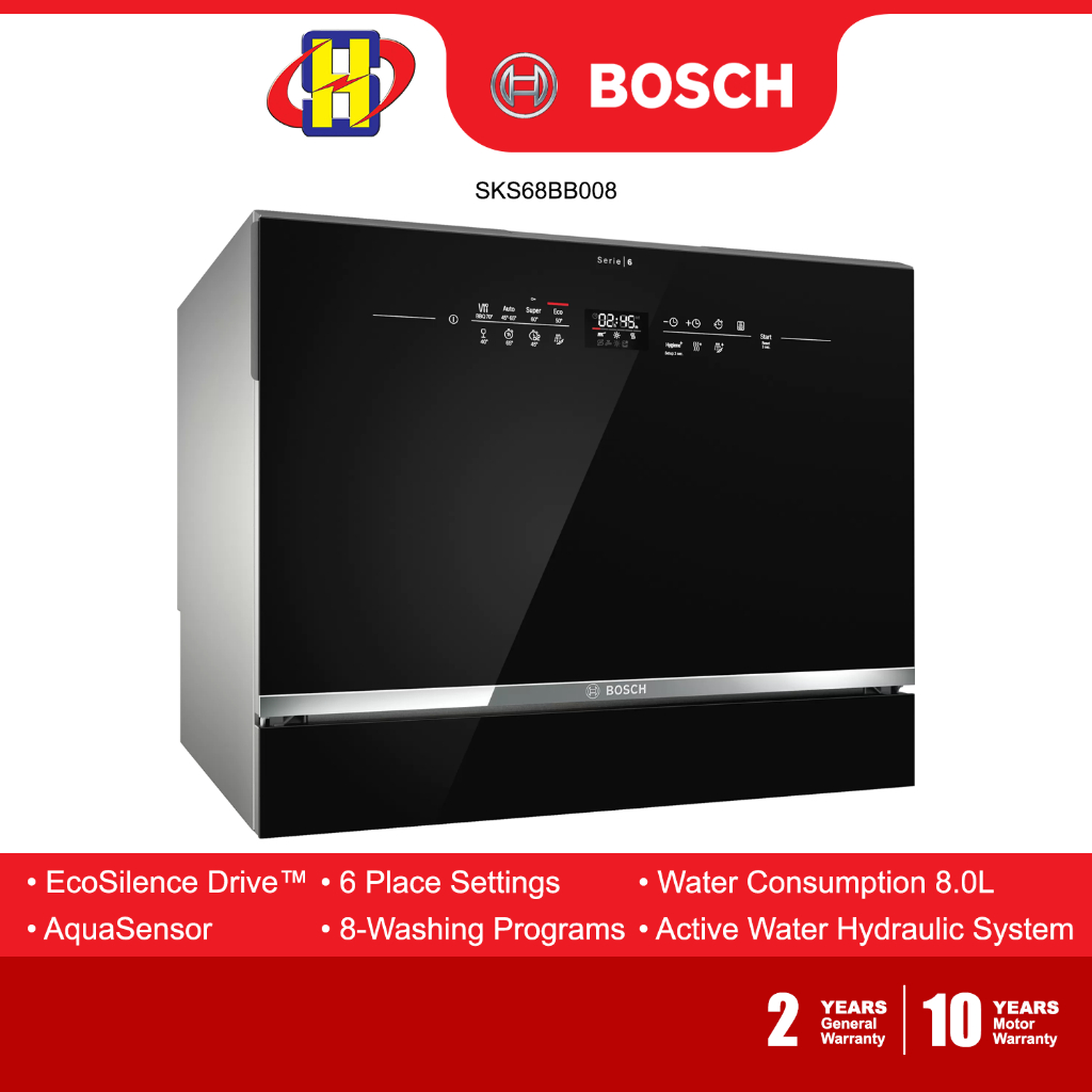 Bosch Dishwasher (8.0L) EcoSilence Drive 6-Place Settings 8-Washing Program Freestanding SKS68BB008