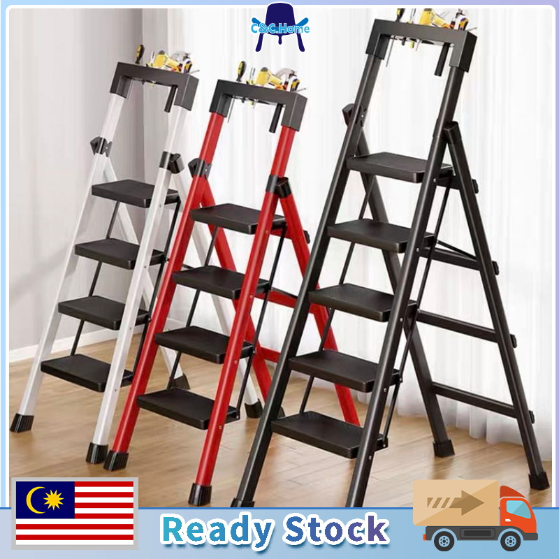 Folding Ladder 3/4/5/6 Tier Load 400KG Foldable Household Ladder Easy Store Carry Folding Herringbone Thickened Pedal Steel Pipe Anti Slip Safety platform Ladder