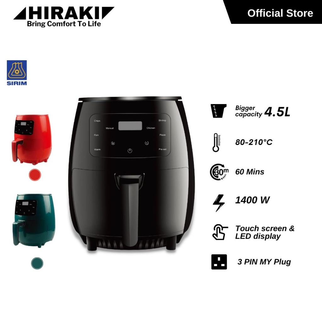 CLEARANCE Hiraki Sirim Digital Manual Pre Set Keep Warm Air Fryer Single Pot 4.5L/3.2L 1400W/1200W Black Green Red